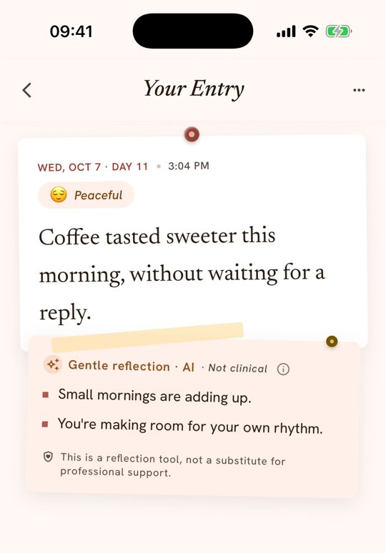 A journal entry in Tend with a short, gentle AI reflection underneath